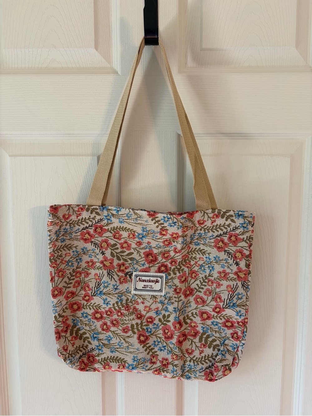 Floral Tote Bag with Beige Straps